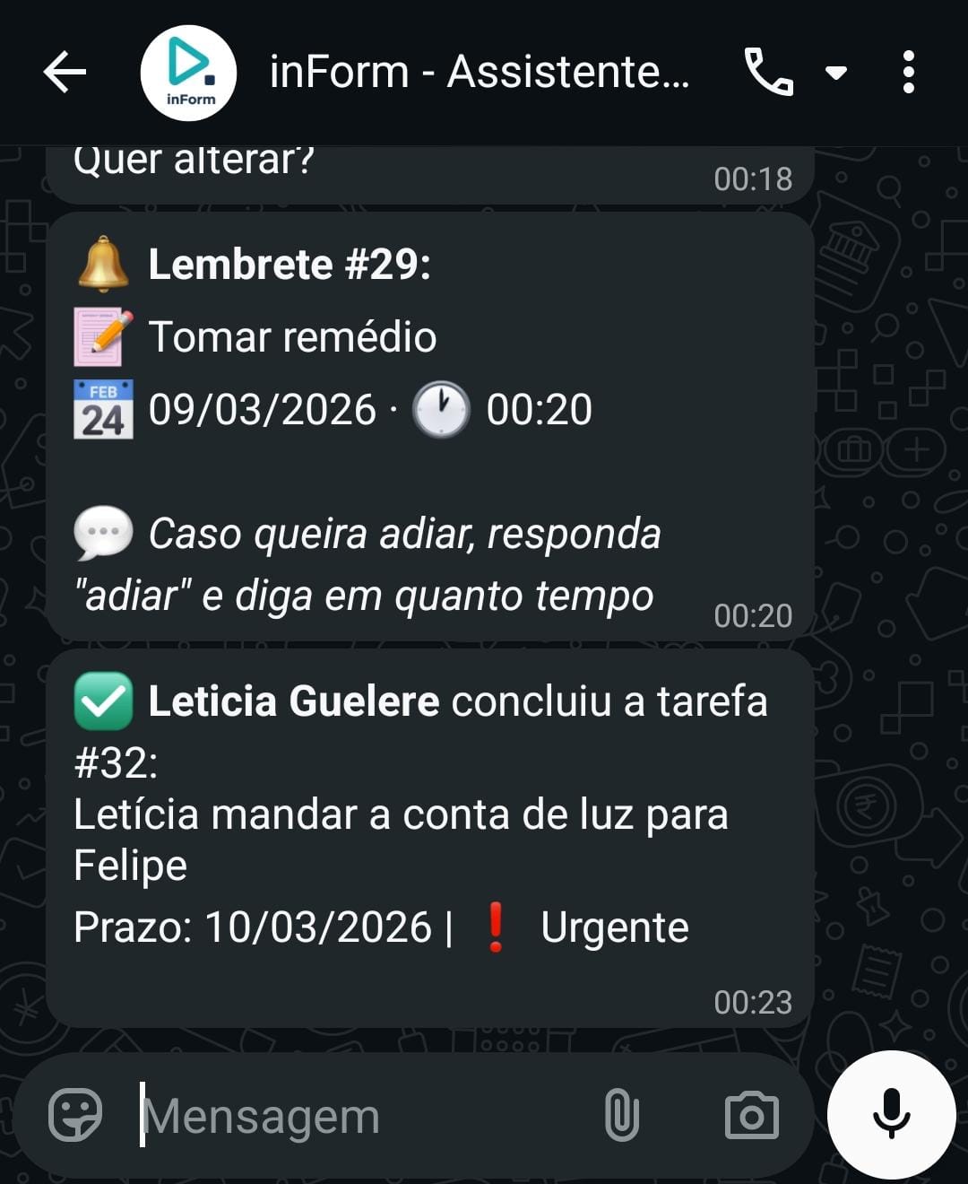 Lembrete disparando e conclusão de tarefa