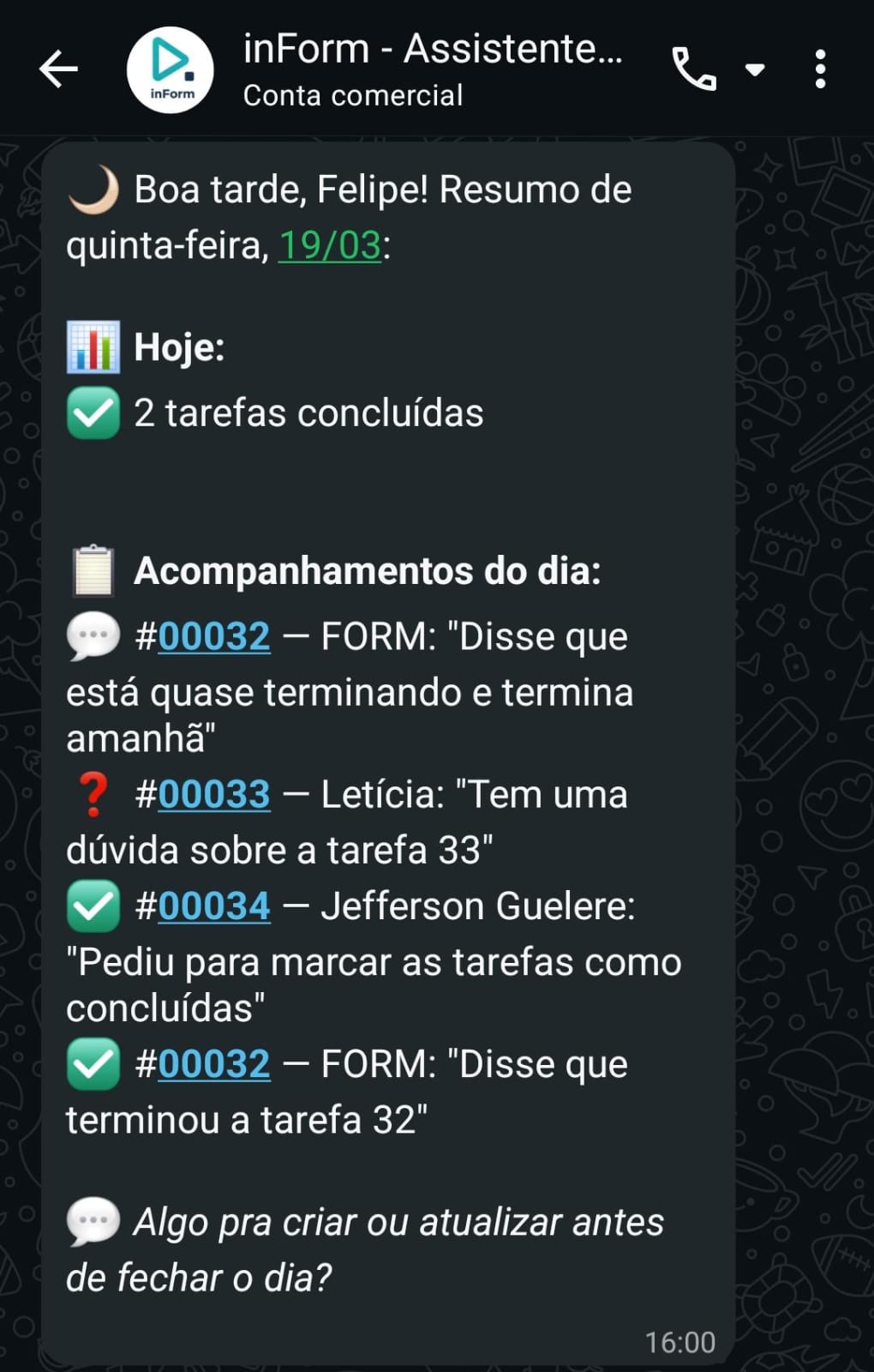 Resumo diário tarde com acompanhamentos